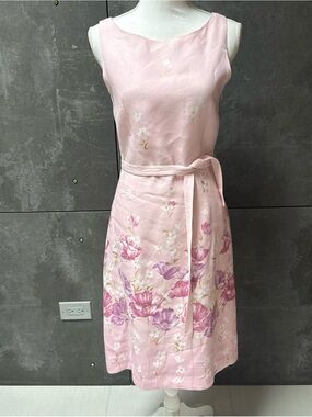 Adrianna Papell Pink & Purple Floral Sleeveless Linen blend Dress with Tie size6